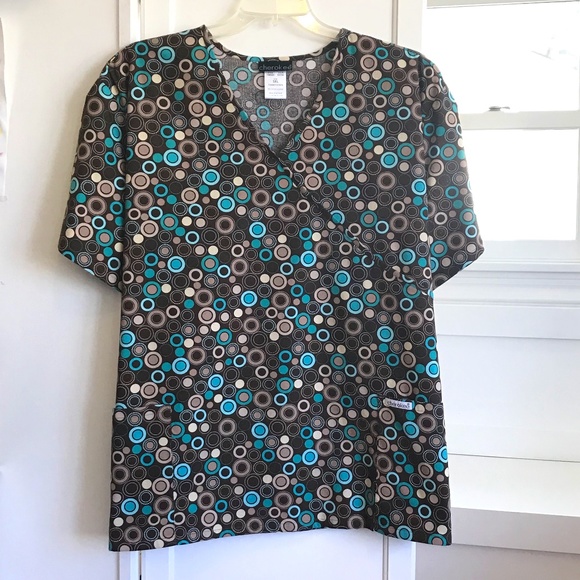 CHEROKEE 100% Cotton Scrub Top Retro Dot Brown Blue Women’s Plus Size 3X - Picture 1 of 14
